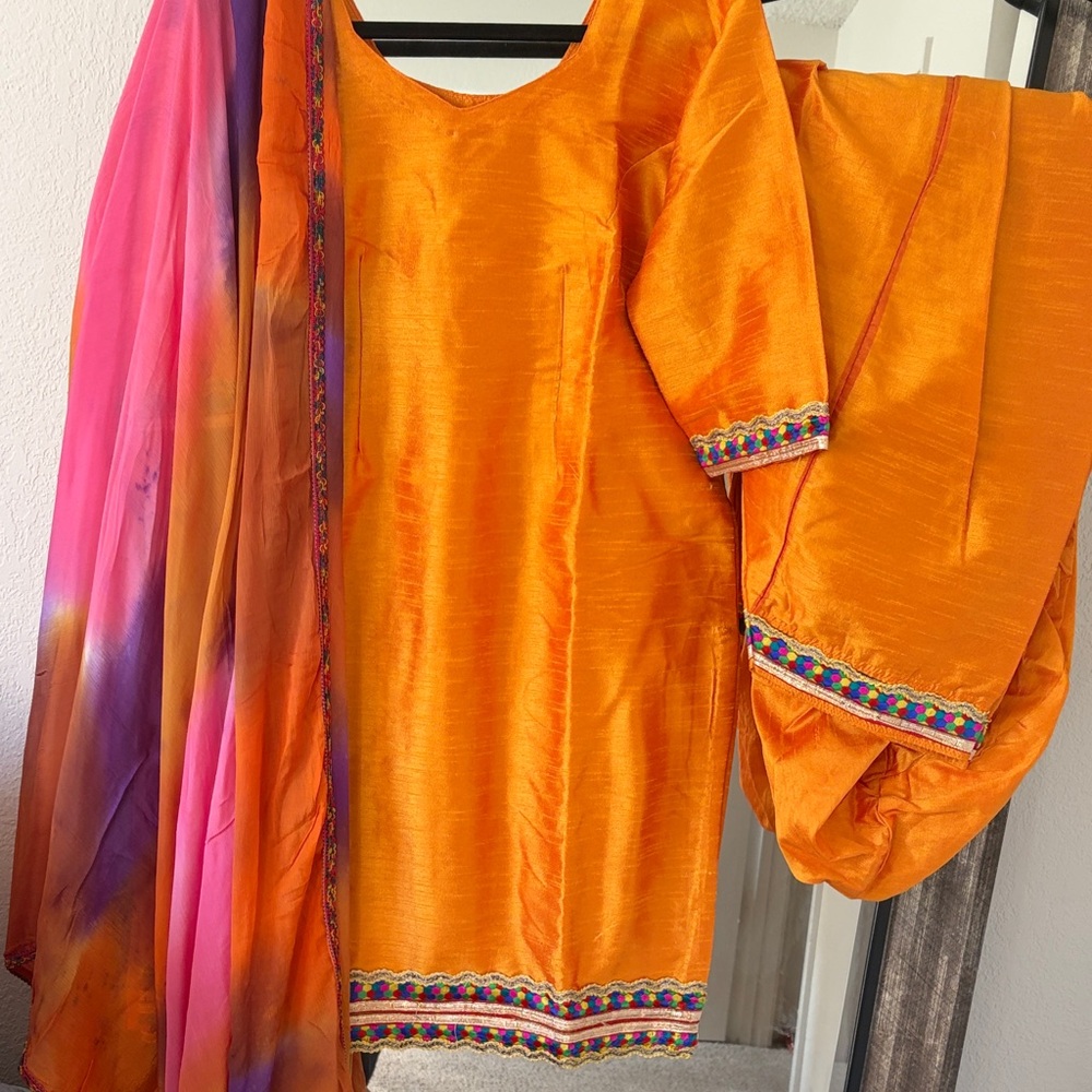 Vibrant Orange Salwar Suit with Multicolor Dupatta raw silk Indian suit Punjabi